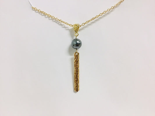 Hawaiian Floral Bar (Narrow 5mm) : Hamilton Gold Necklace with Shell Pearls