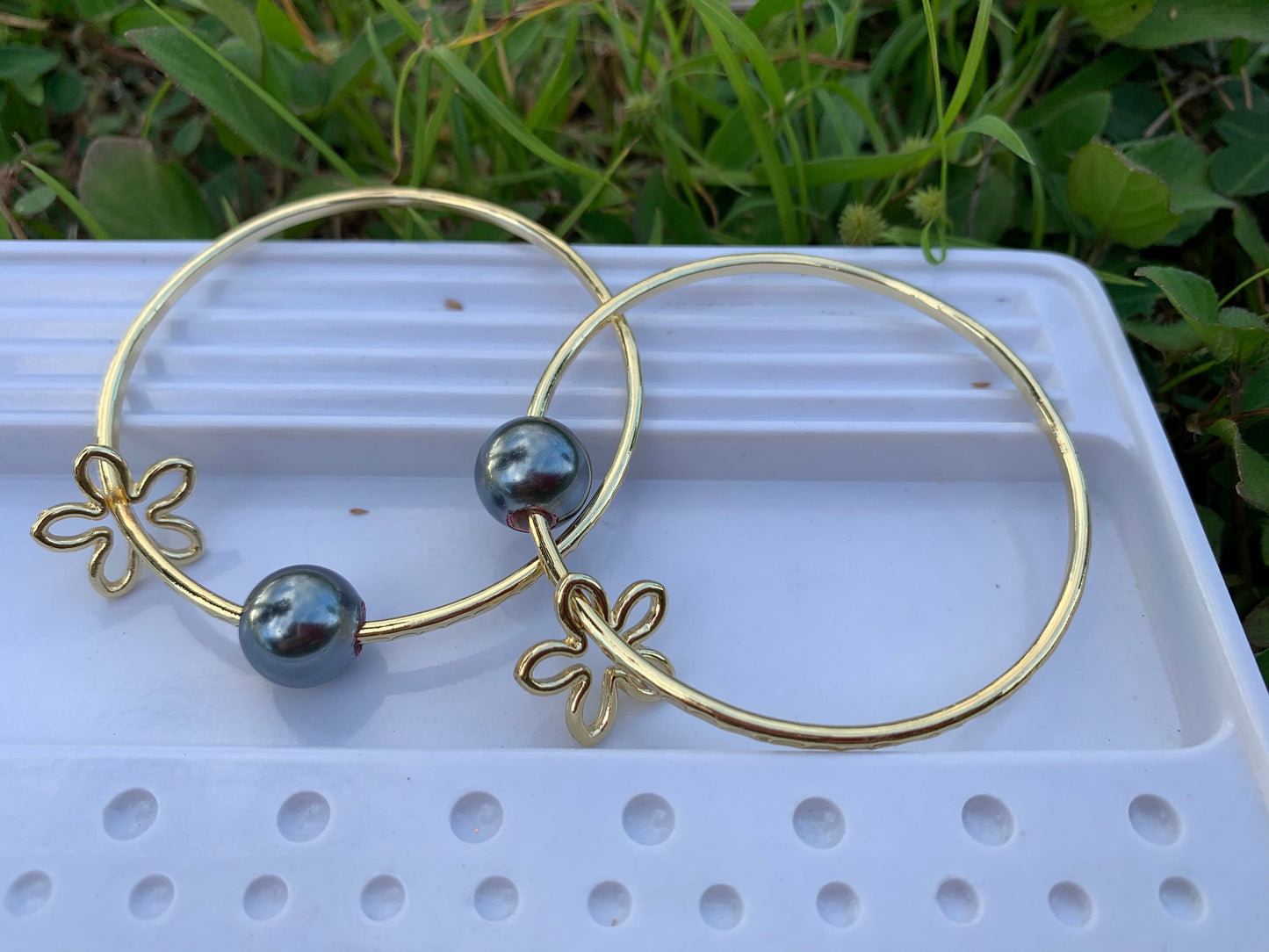 Straight Bangle with Flower Charm and Gray Black Shell Pearl Add on Charm Plumeria Pineapple Tiare Monstera Leaf
