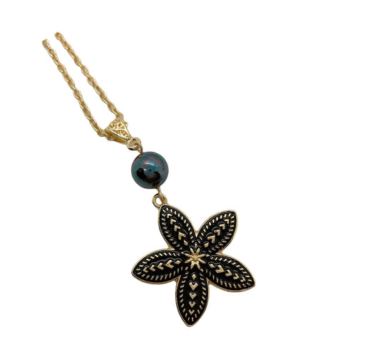 Black Enamel Plumeria Flowers : Hamilton Gold Necklace with Shell Pearls