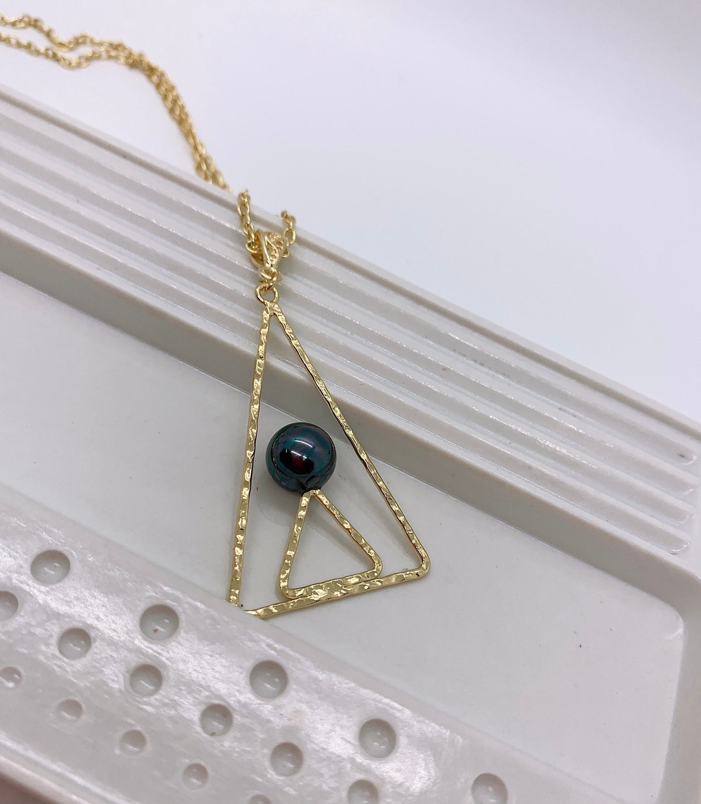 Triangle Hamilton Gold Necklace with Peacock/ Rainbow Shell Pearls