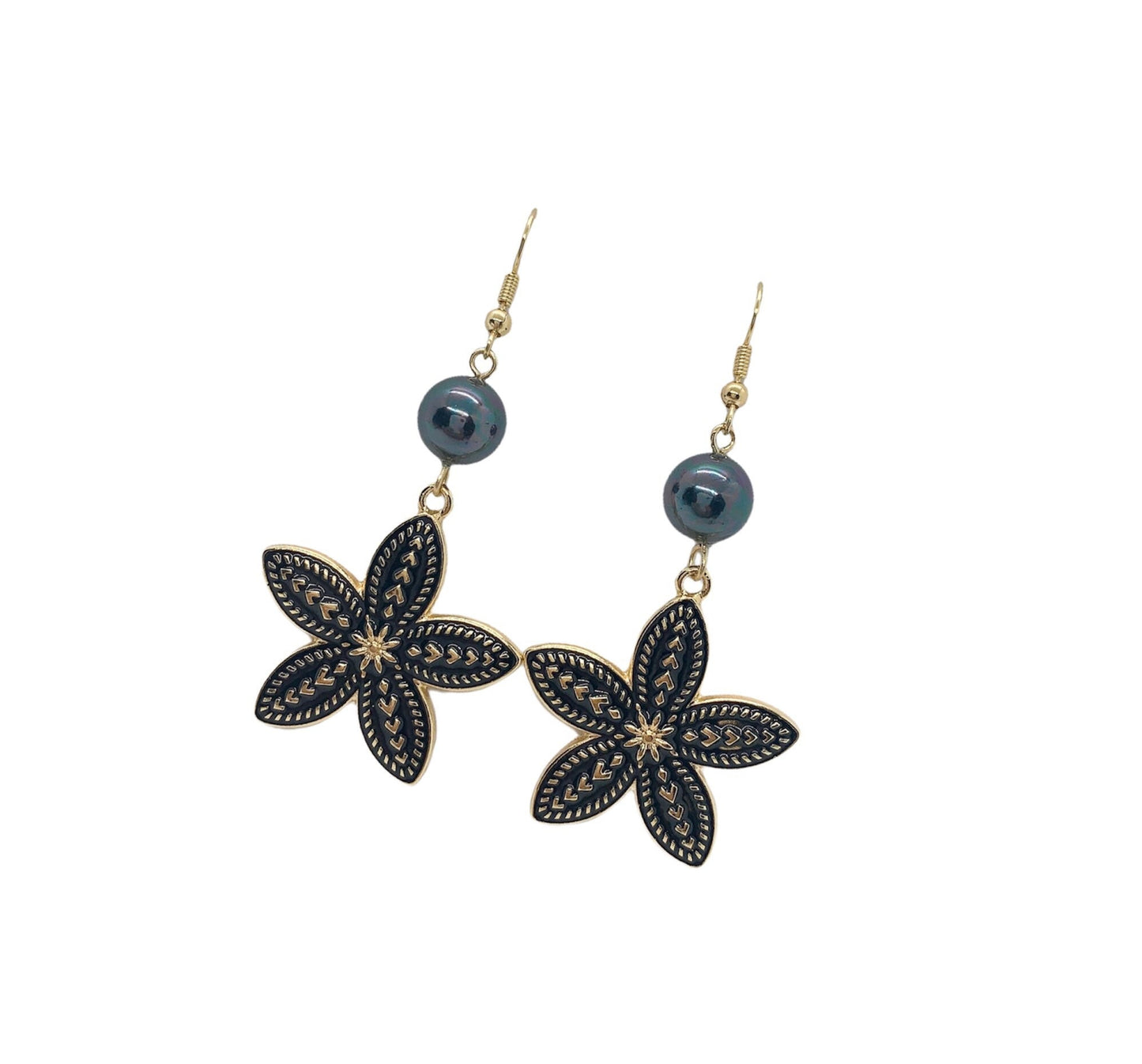 Black Enamel Plumeria Flowers : Hamilton Gold Necklace with Shell Pearls