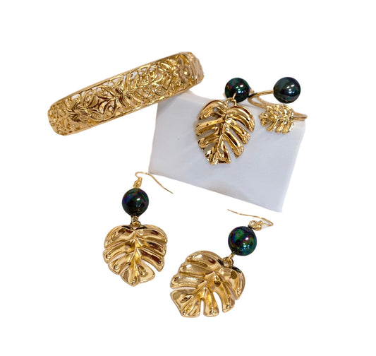 Hawaiian Monstera Leaf Hibiscus Flower Hawaiian Hamilton Gold Bracelet Earrings Necklace Ring Set