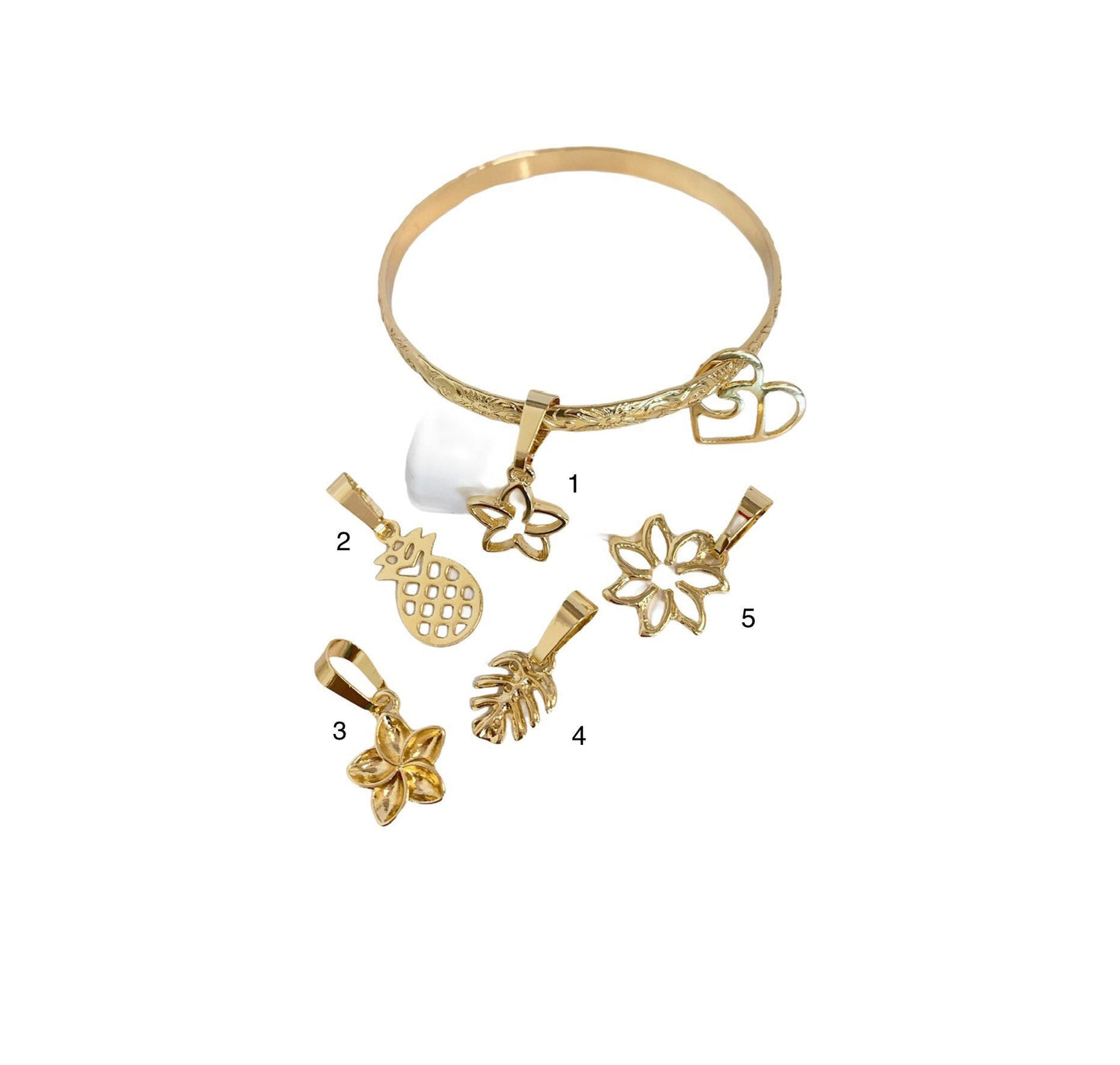 5MM Hawaiian Hamilton Gold Bracelet with Heart Wave Charm add on Plumeria Pineapple Tiare Monstera Leaf Charms