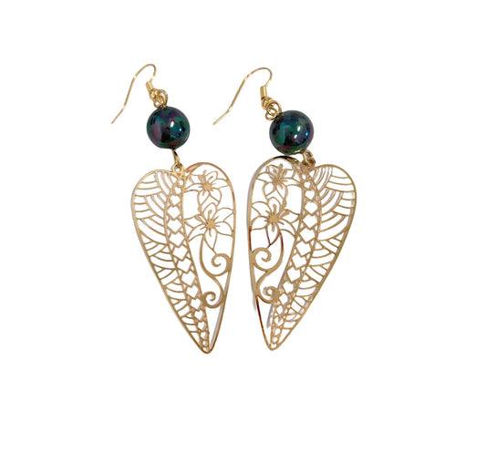 Heart Flower Tribal Design : Hamilton Gold Earring with  Shell Pearls