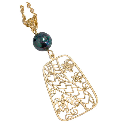 Hawaiian Honu Sea Turtle Tribal Wave Rectangle : Hamilton Gold Necklace with Shell Pearls