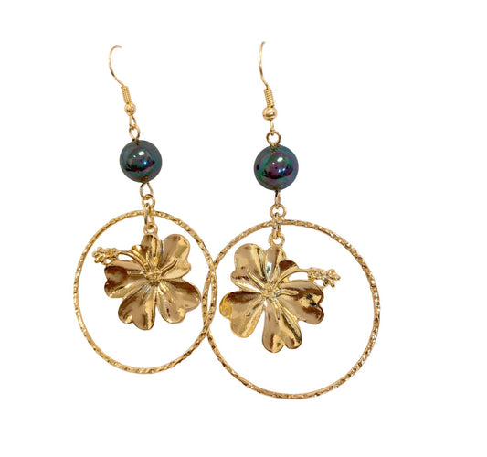 Hawaiian Hoop Hibiscus Design: Hamilton Gold Earring with Shell Pearls