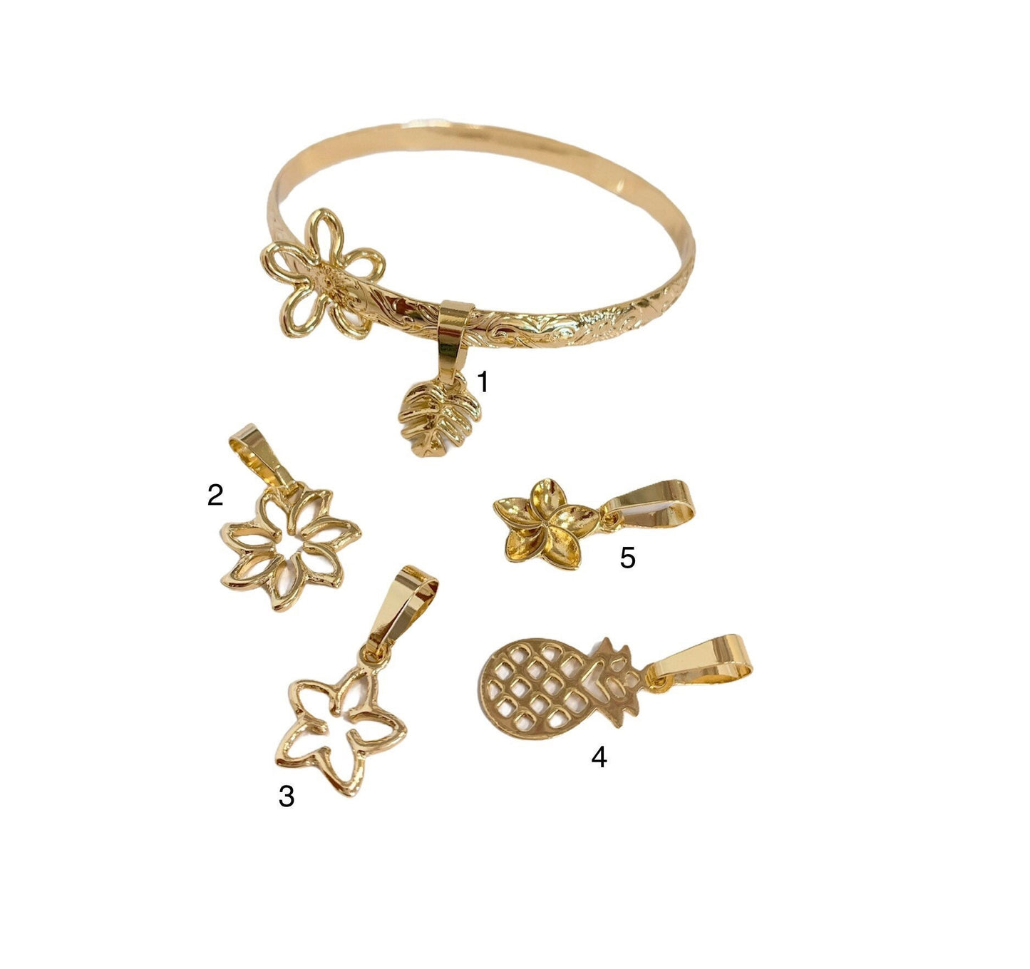 5MM Hawaiian Hamilton Gold Bracelet with Flower Charm Add on Charms Plumeria Pineapple Tiare Monstera