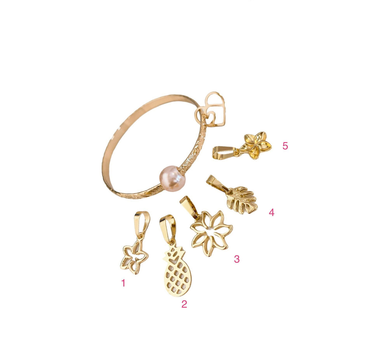 5mm Hawaiian Floating Pink Pearl Hamilton Gold Bracelet (5mm) with Heart Wave Charm and Add on Plumeria Pineapple Tiare Monster Leaf Charm