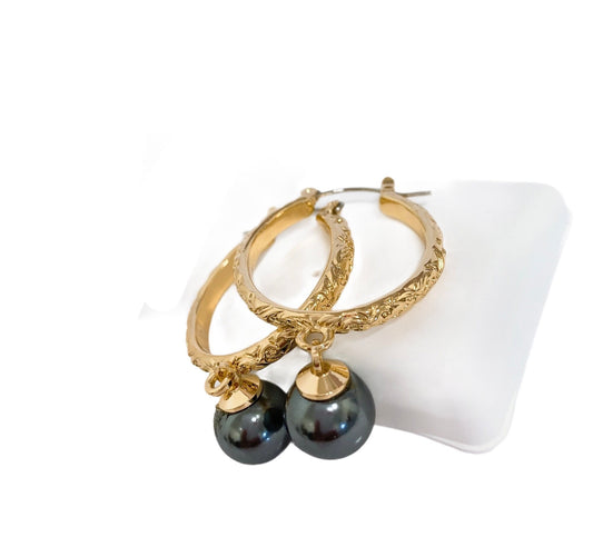 Hoop Gray Black Shell Pearls Earrings: Hamilton Gold Earring with Shell Pearls