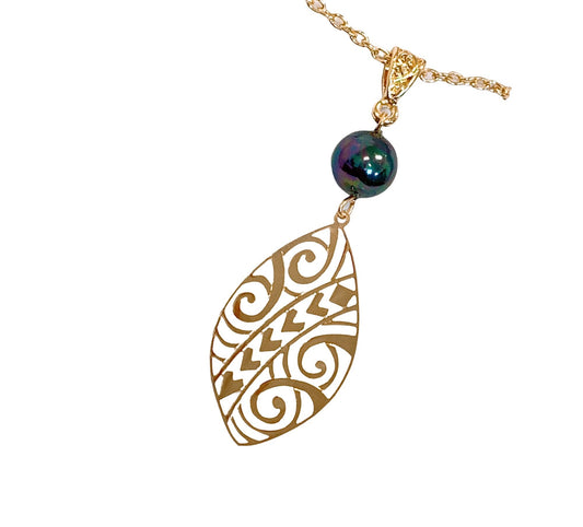 Hawaiian Tribal Swirling Wave Wind: Hamilton Gold Necklace with Shell Pearls