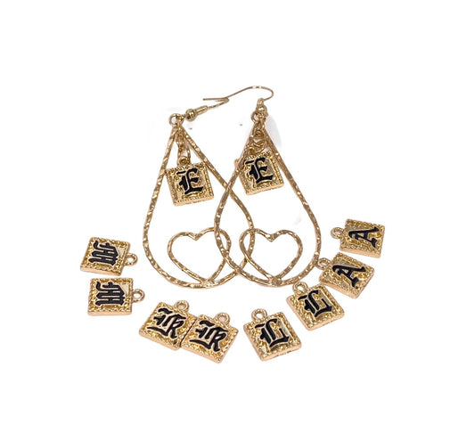 Old English Letter Charms Teardrop Heart Earring