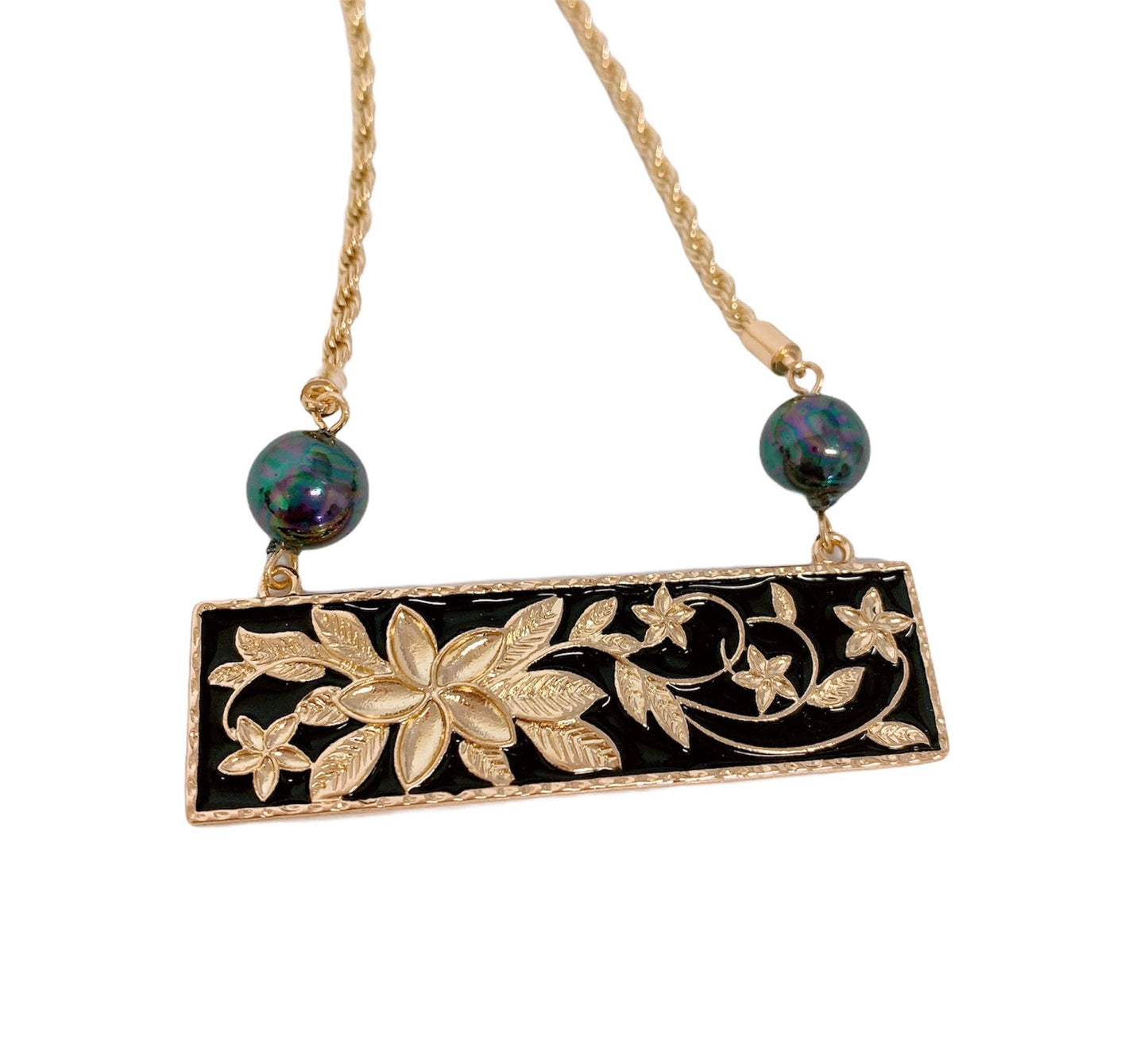 Hawaiian Plumeria Flower Black Enamel Plate Necklace : Hamilton Gold with Shell Pearls