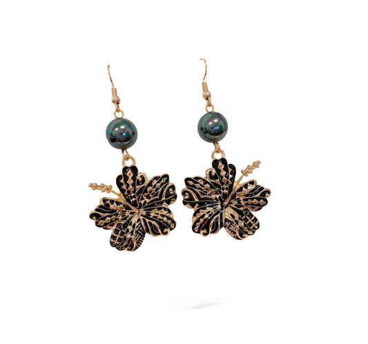 Hawaiian Tribal Hibiscus Flowers Black Enamel Earrings : Hamilton Gold Earring with Shell Pearls