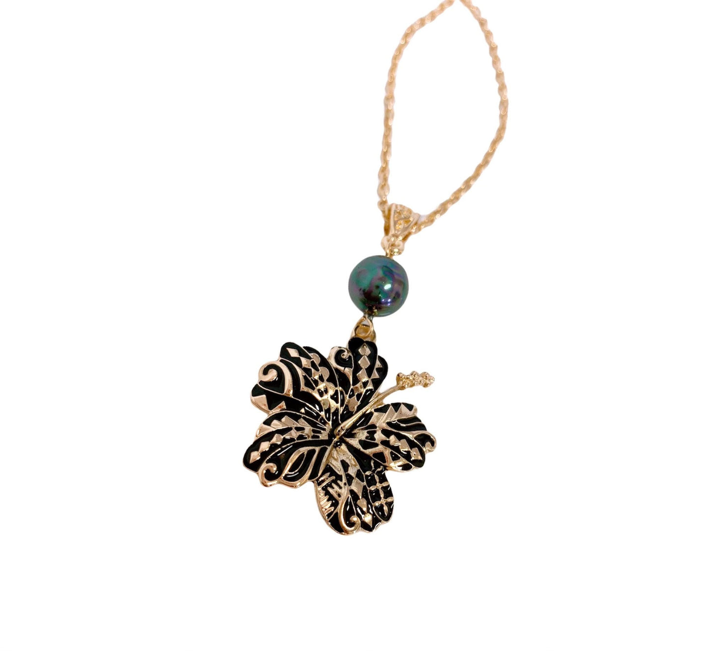 Hawaiian Tribal Hibiscus Flowers Black Enamel : Hamilton Gold Necklace with Shell Pearls