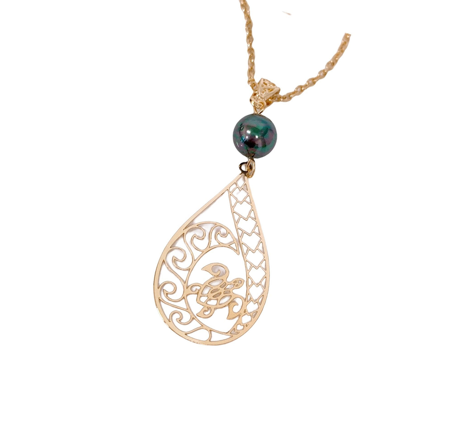 Hawaiian Honu Sea Turtle Tribal Wave Teardrop: Hamilton Gold Earring with Shell Pearls