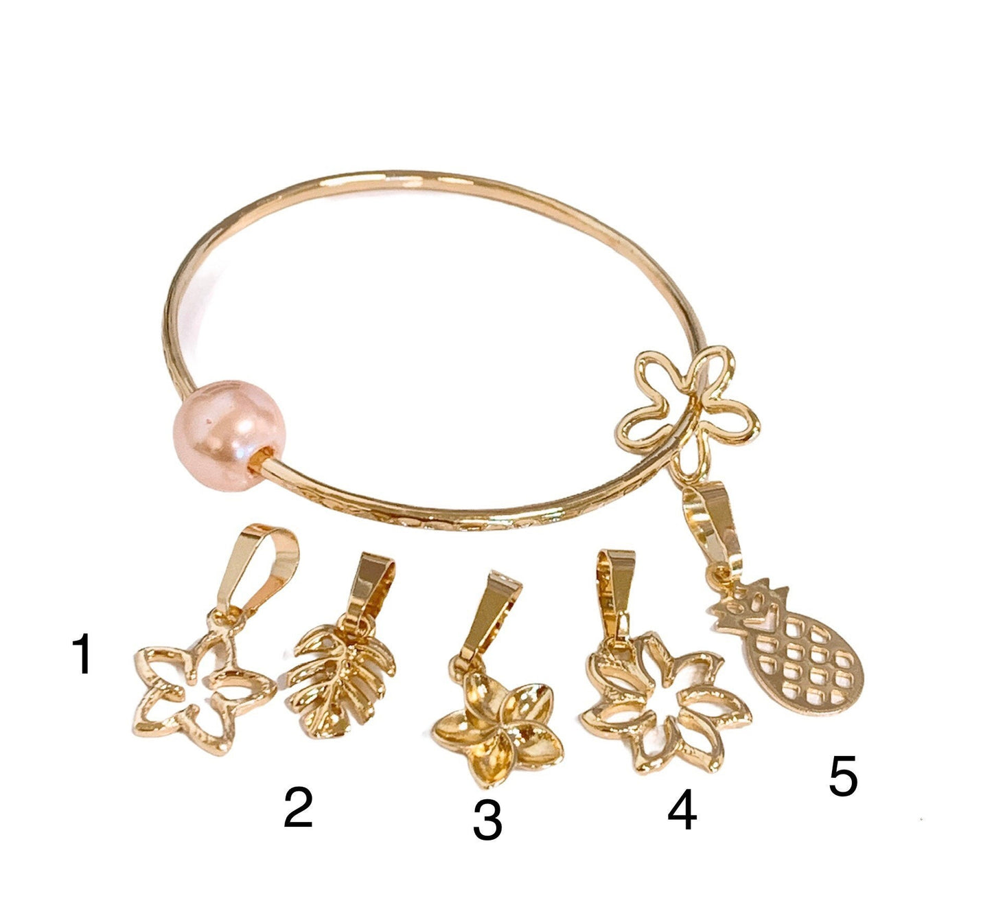 Straight Bangle with Flower Charm and Pink Shell Pearl Add on Charm Plumeria Pineapple Tiare Monstera Leaf