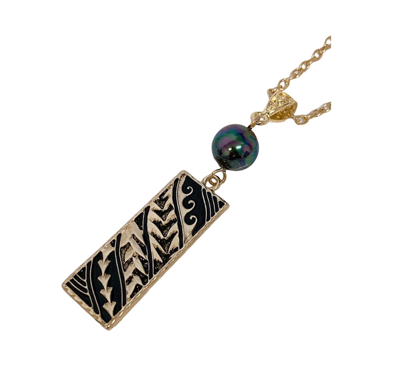 Tribal Black Enamel Rectangle Design : Hamilton Gold Necklace with Shell Pearls