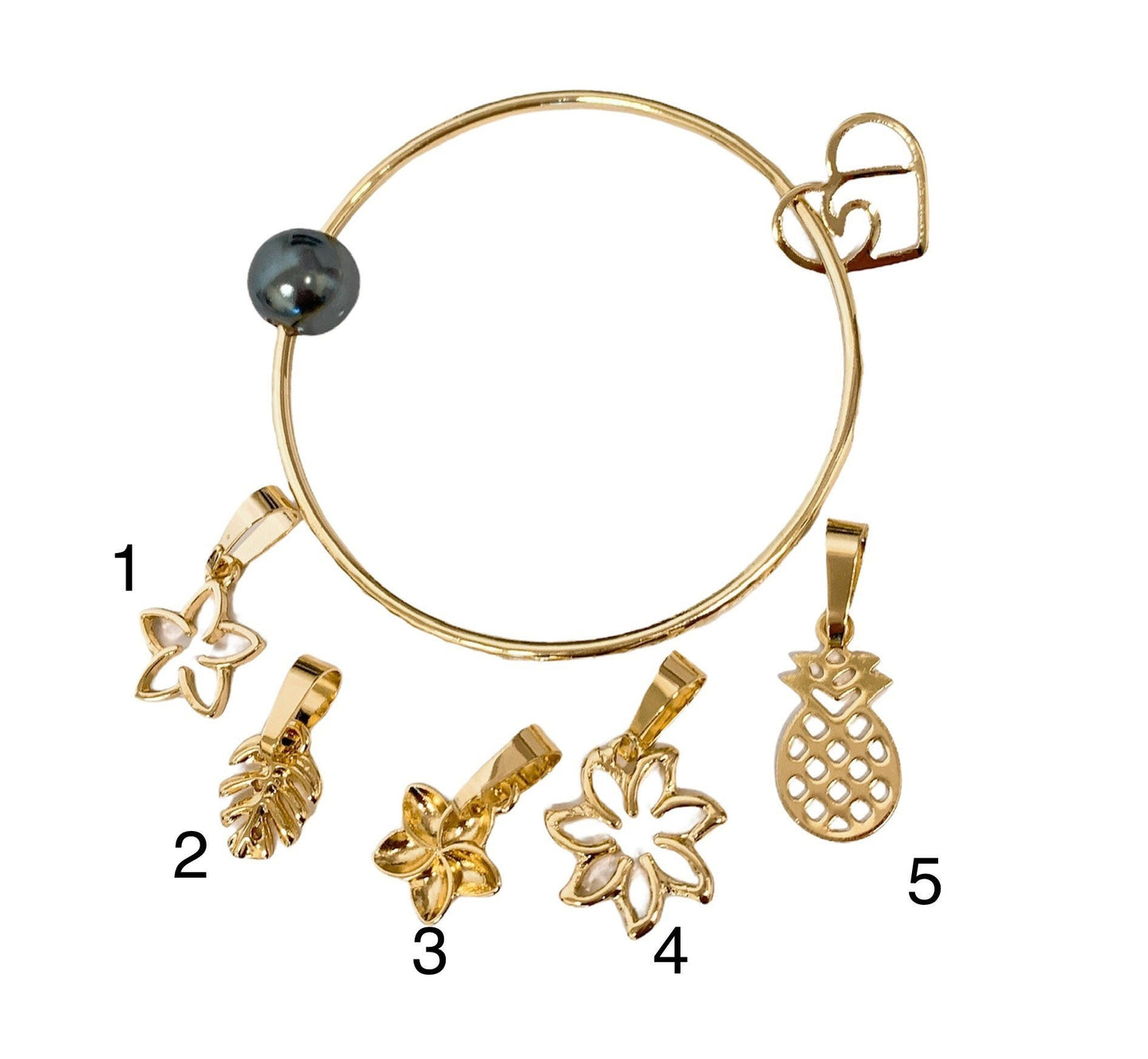 Straight Bangle with Heart Wave Charm and Black Shell Pearl Add on Charm Plumeria Pineapple Tiare Monstera Leaf