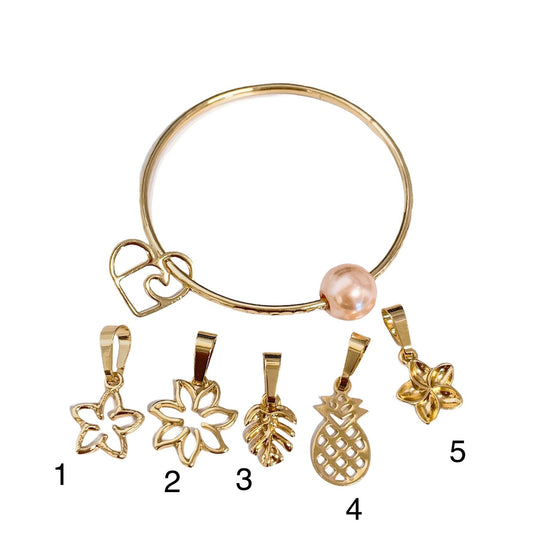 Straight Bangle with Heart Wave Charm and Pink Shell Pearl Add on Charm Plumeria Pineapple Tiare Monstera Leaf