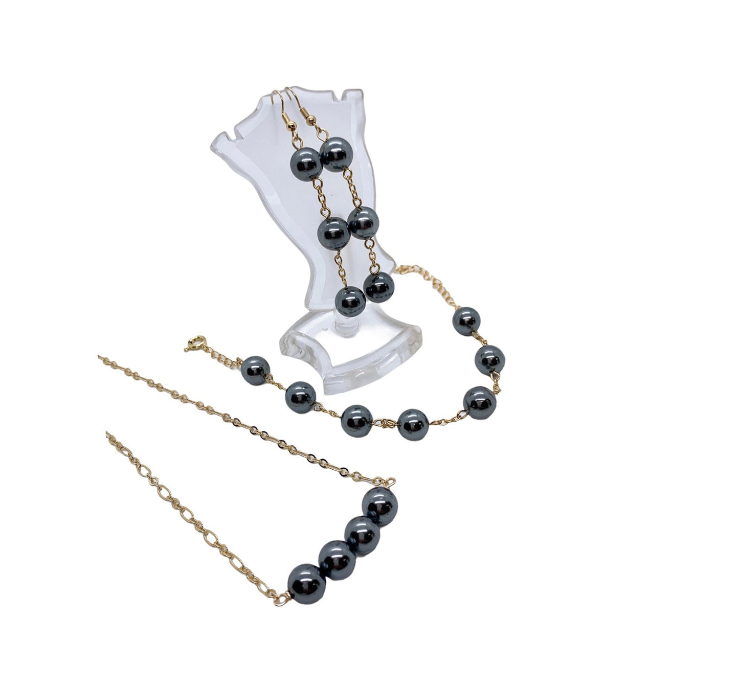 Gray Black Shell Pearl Hamilton Gold Chain Earring and Bracelet Set