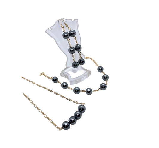 Gray Black Shell Pearl Hamilton Gold Chain Earring and Bracelet Set