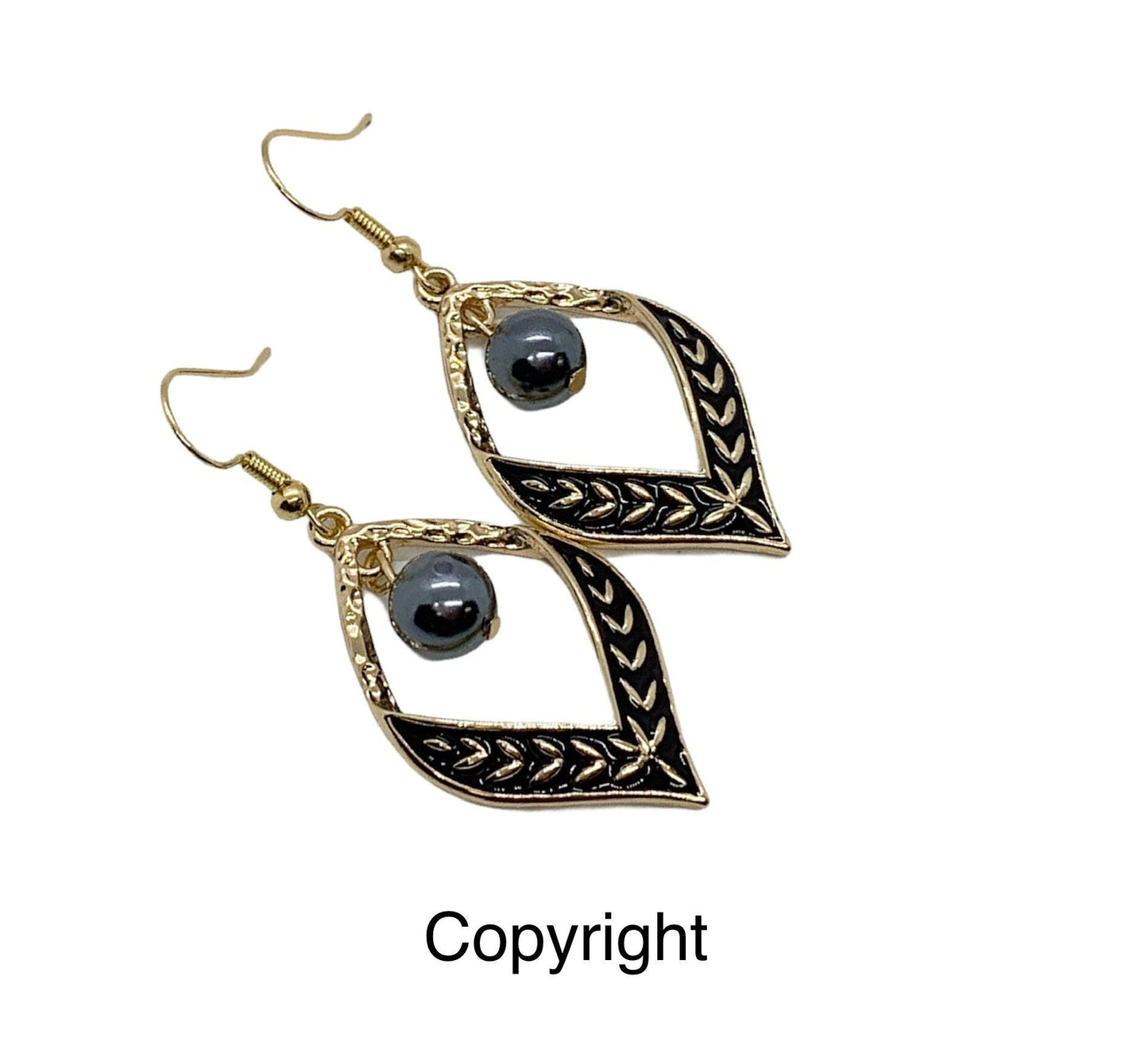 Black Enamel Tribal Leaf Shape : Hamilton Gold Earring with Shell Pearls