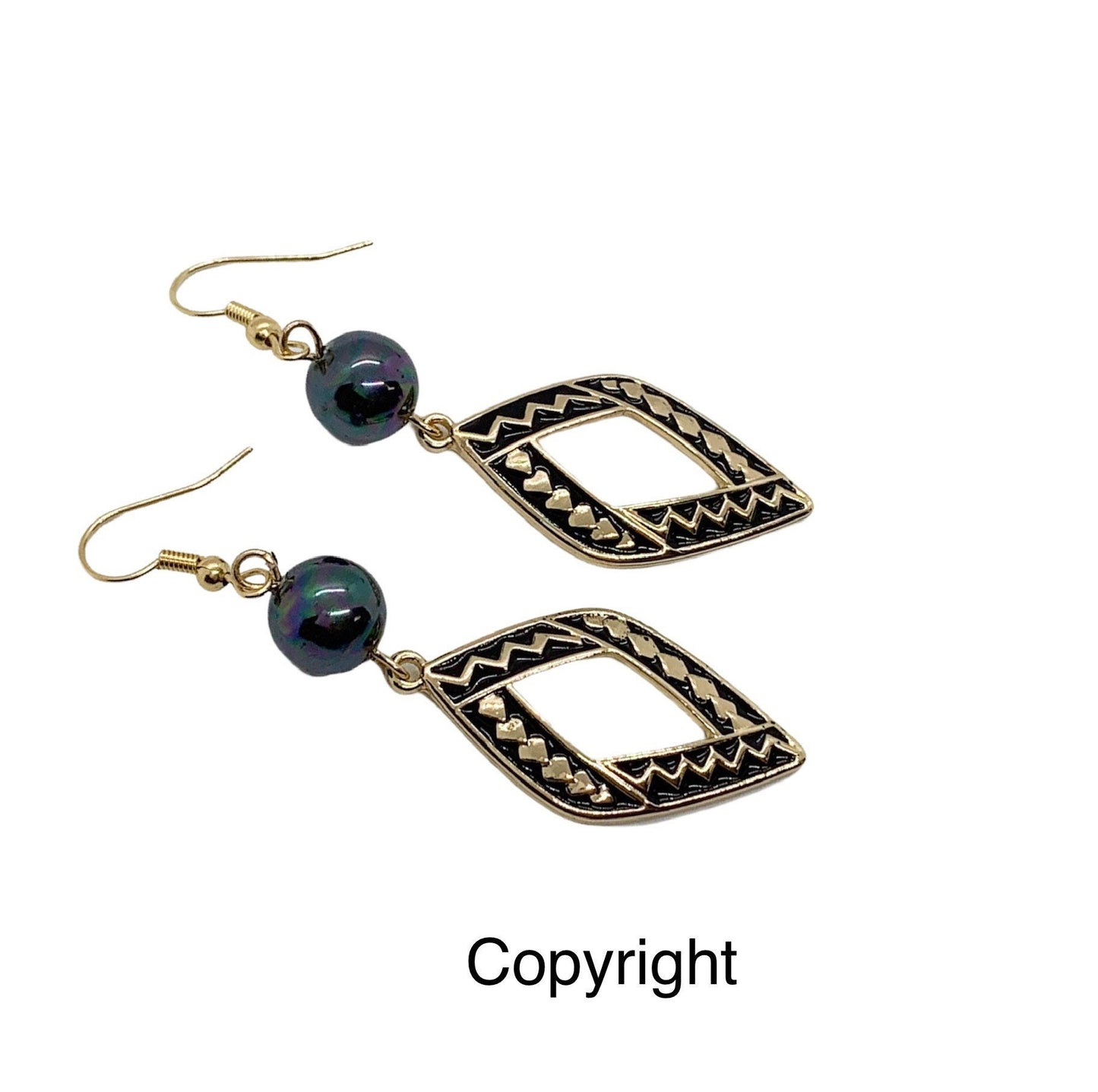 Black Enamel Tribal Diamond Shape : Hamilton Gold Earring with Shell Pearls