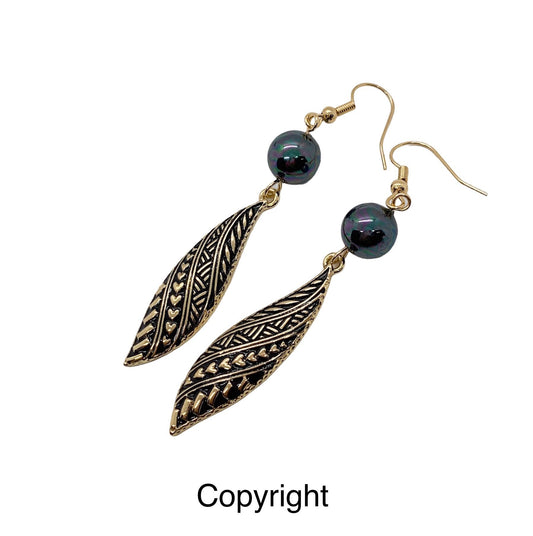 Black Enamel Tribal Long Leaf Shape : Hamilton Gold Earring with Shell Pearls