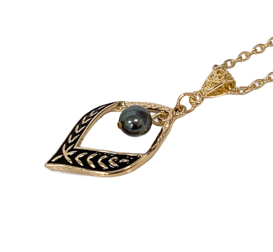 Black Enamel Tribal Leaf Shape : Hamilton Gold Necklace with Shell Pearls