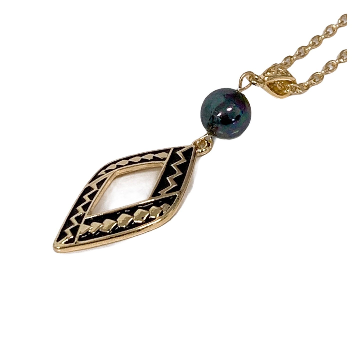 Black Enamel Tribal Diamond Shape : Hamilton Gold Necklace with Shell Pearls