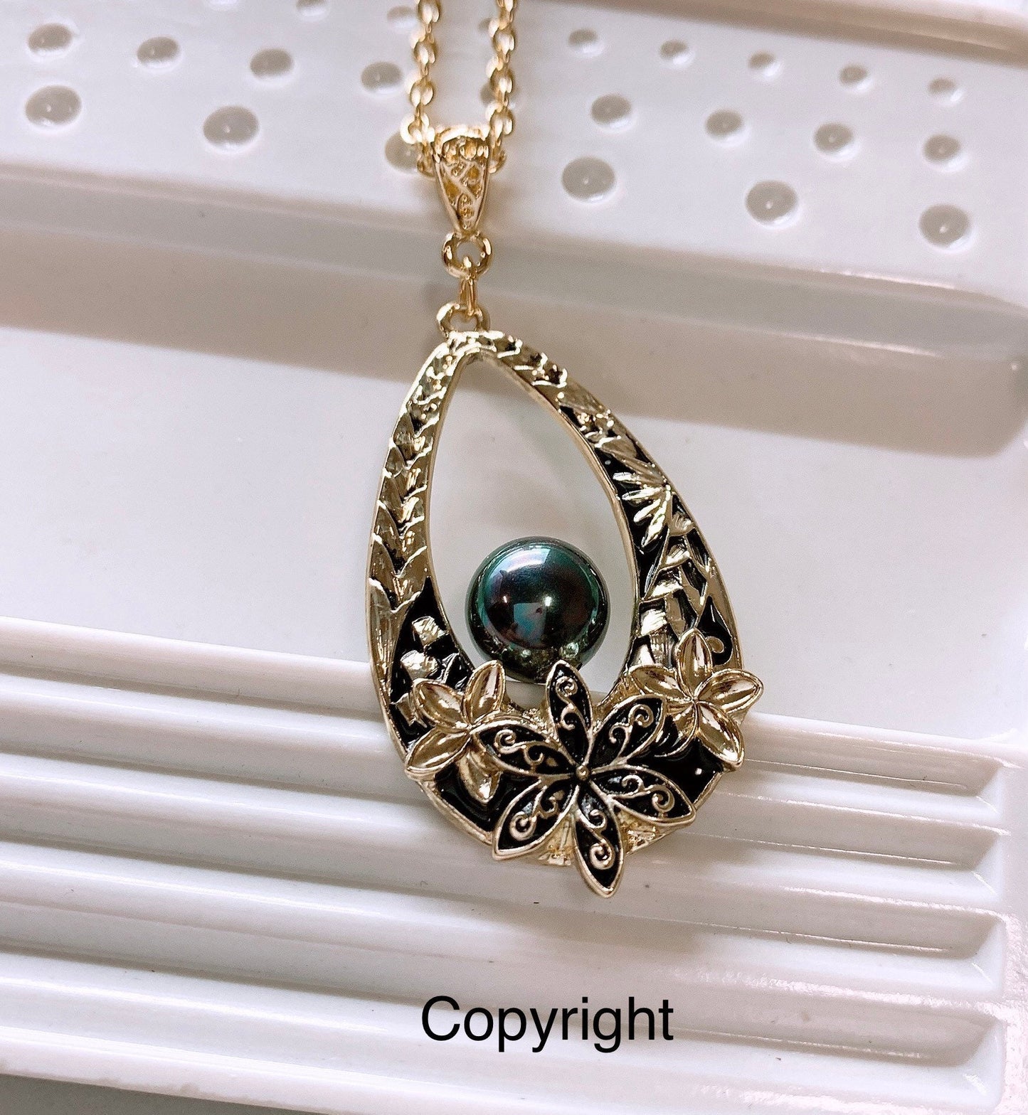 Hawaiian Black Enamel Tiare Plumeria Flowers Teardrop: Hamilton Gold Necklace with Shell Pearls