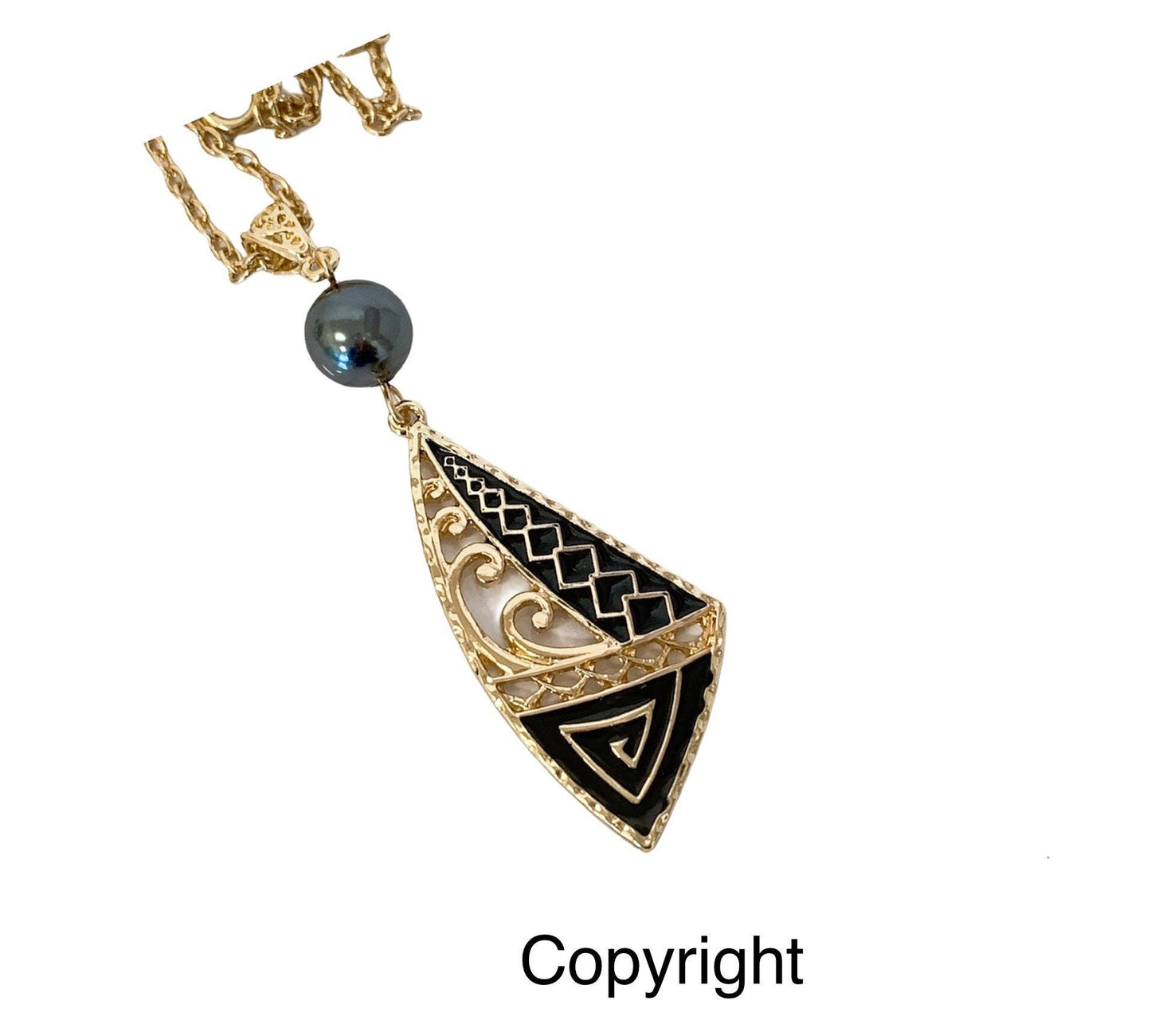 Hawaiian Tribal Black Enamel Design: Hamilton Gold Necklace with Shell Pearls