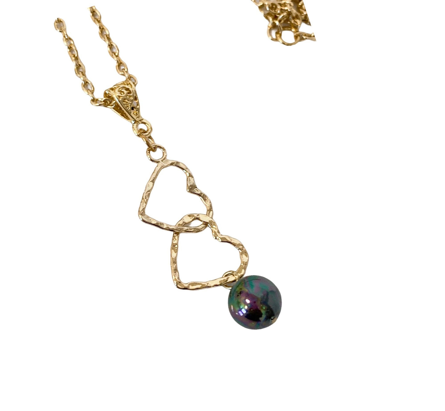 Double Heart : Hamilton Gold Necklace with New Black Greenish Shell Pearls