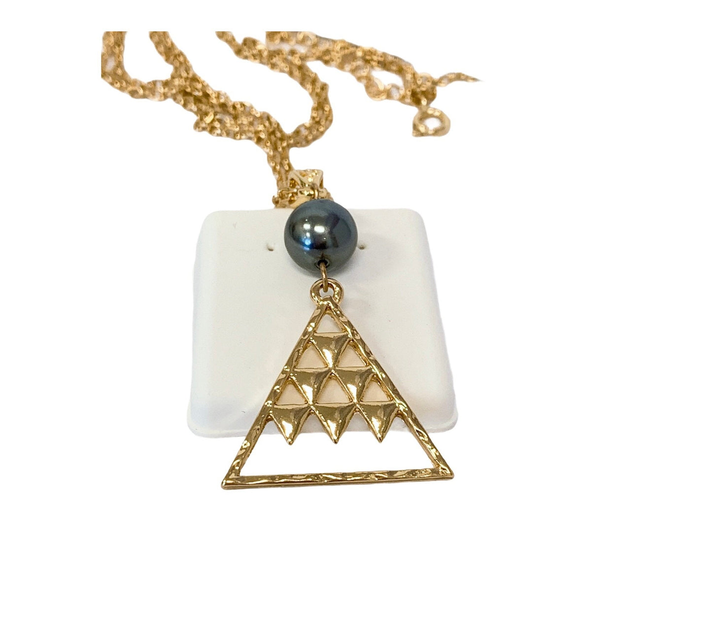 Mauna Kea Triangle: Hamilton Gold Necklace with New Black Greenish Shell Pearls