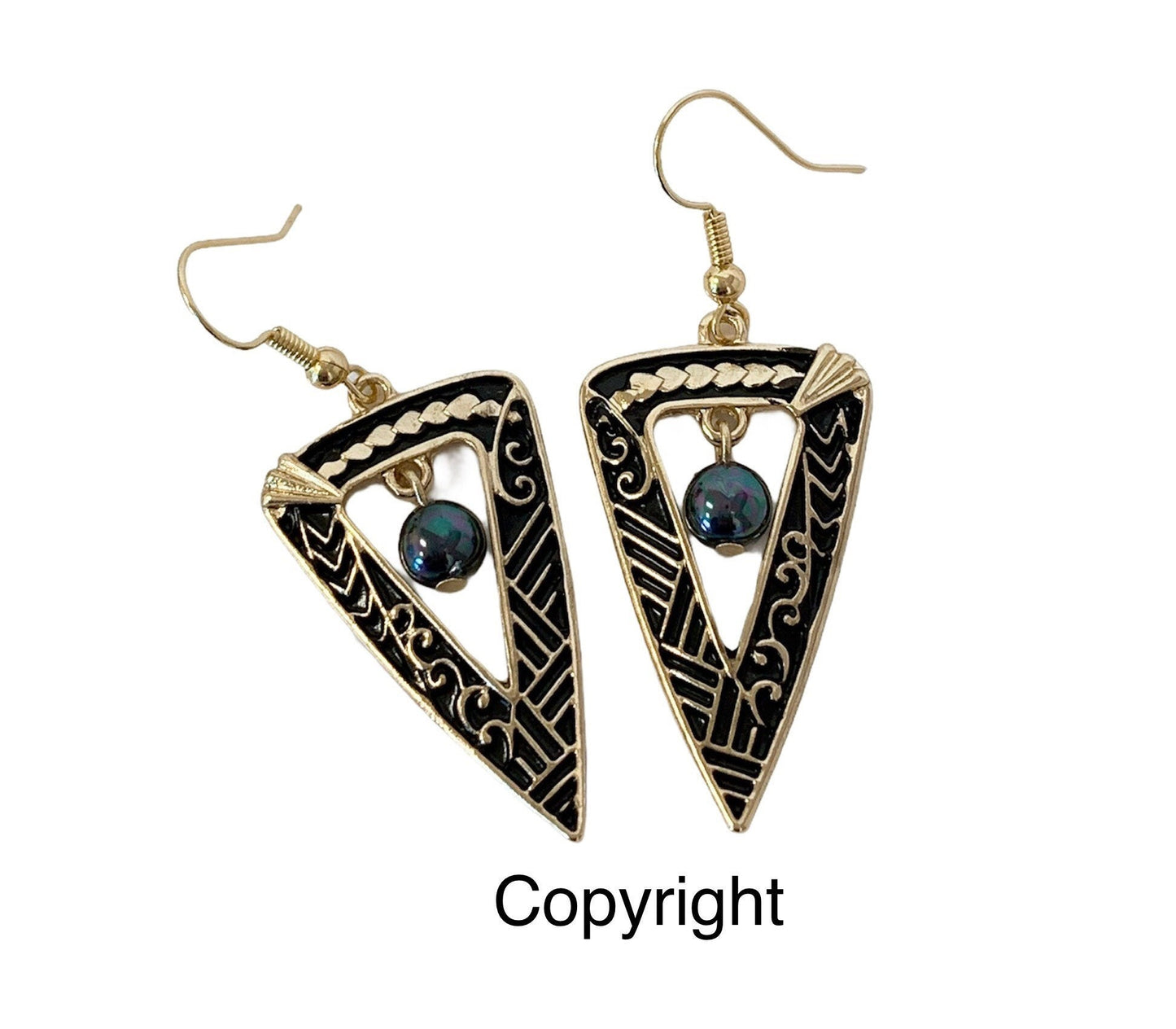 Tribal Black Enamel Triangle : Hamilton Gold Earring with Shell Pearls