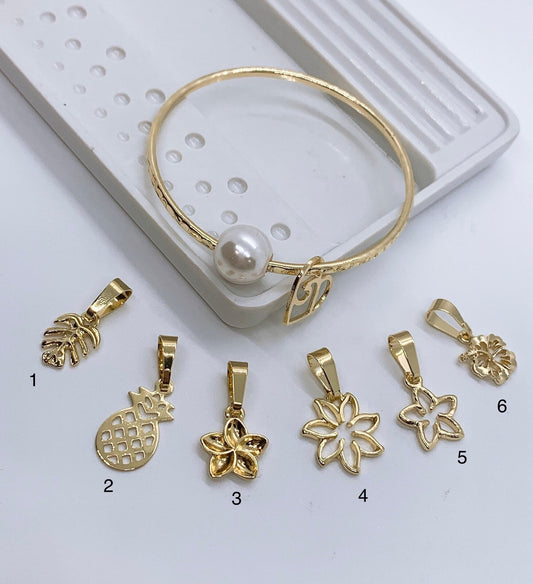 Straight Bangle with Heart Wave Charm and White Shell Pearl Add on Charm Plumeria Pineapple Tiare Monstera Leaf Hibiscus