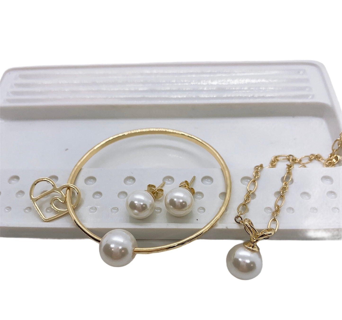 Straight Bangle with Heart Wave Charm, Necklace, Stud Earrings White Shell Pearl Set