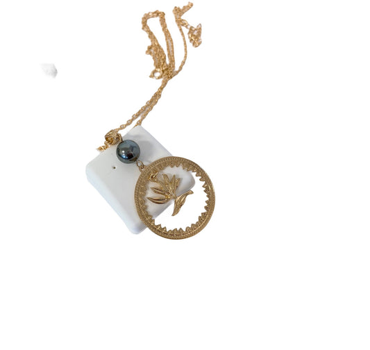 Bird of Paradise Flower : Hamilton Gold Necklace with Shell Pearls