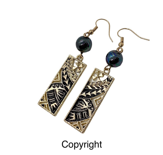 Tribal Black Enamel Rectangle : Hamilton Gold Earring with Shell Pearls