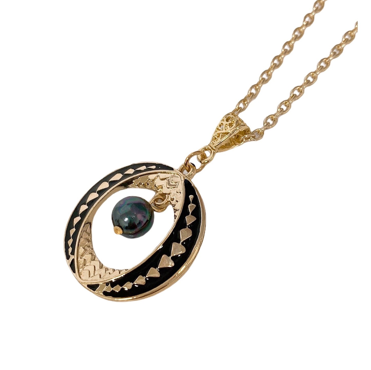 Tribal Black Enamel Circle: Hamilton Gold Necklace with Shell Pearls