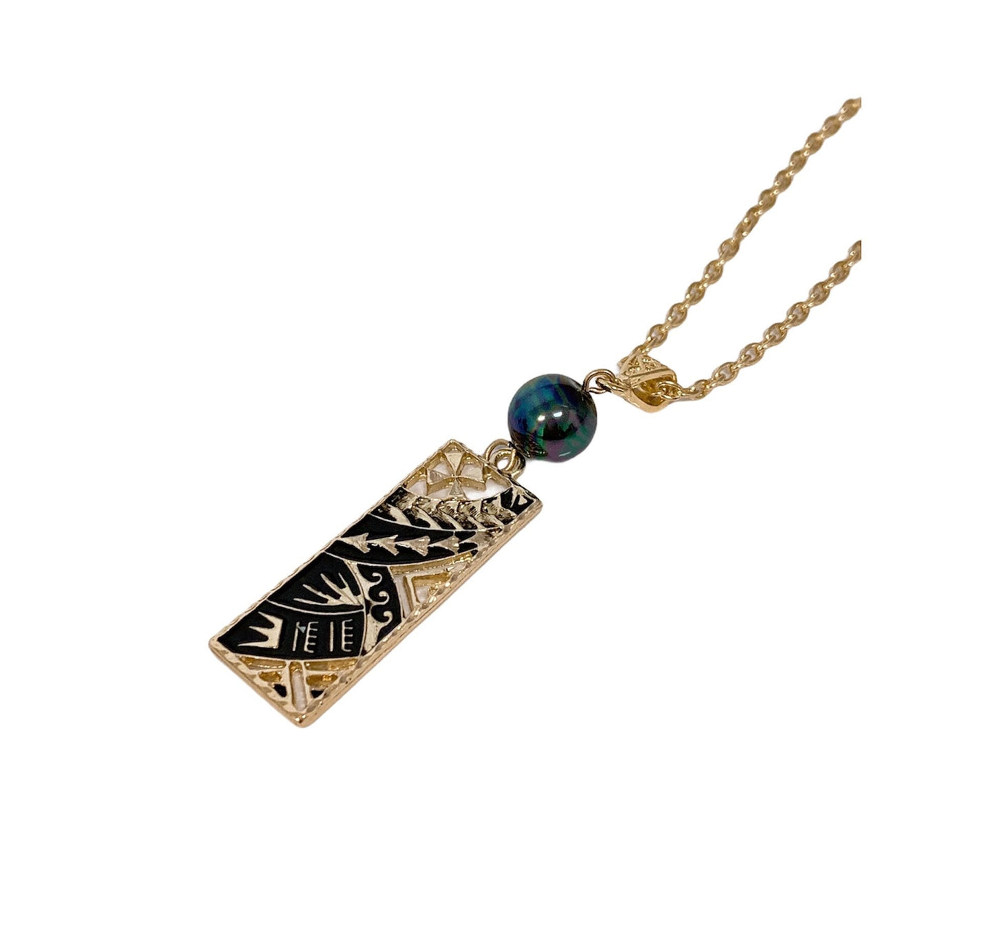 Tribal Black Enamel Rectangle : Hamilton Gold Necklace with Shell Pearls