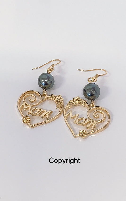 Mom Heart with Plumeria Flowers: Hamilton Gold Earring with Shell Pearls