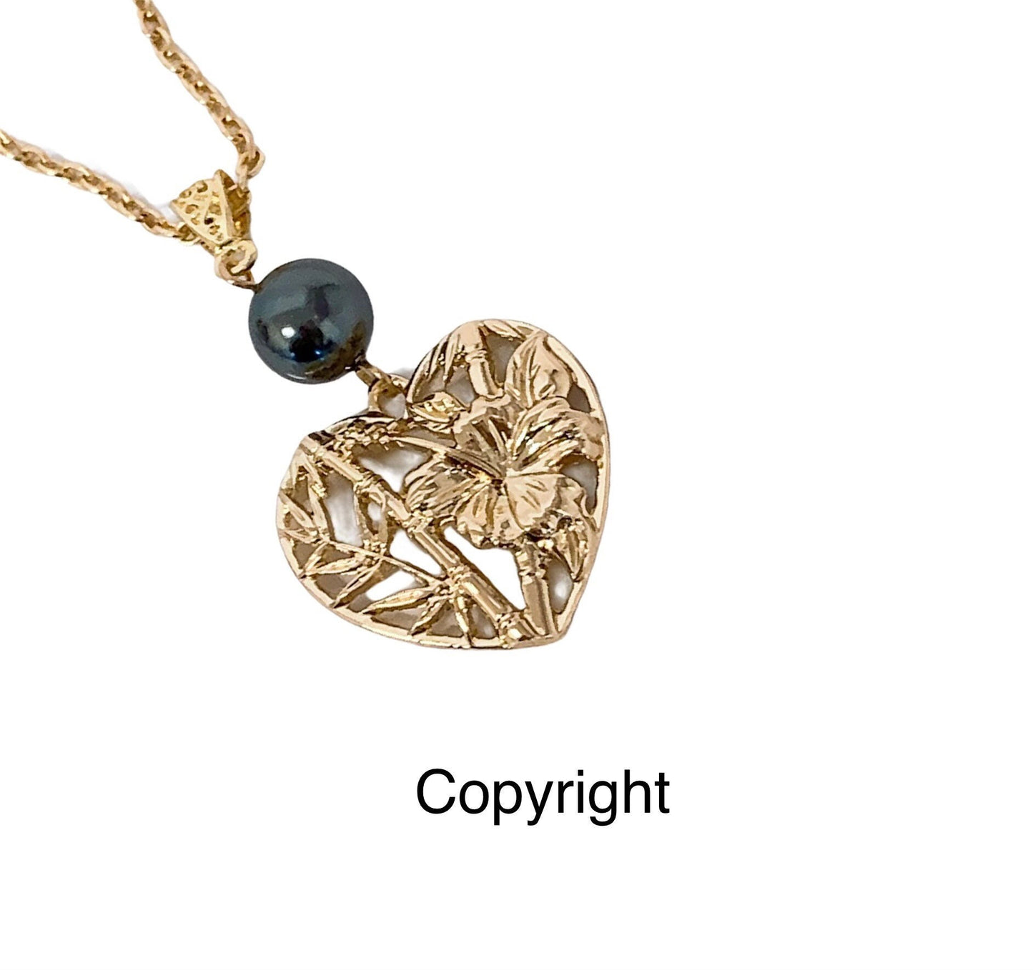 Heart with Bamboo and Hibiscus flower: Hamilton Gold Necklace with Shell Pearl