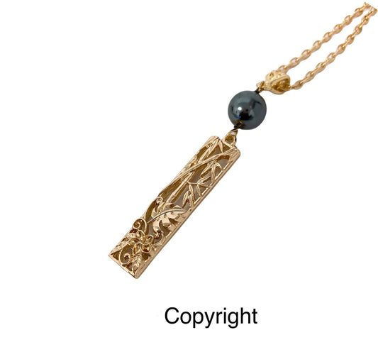 Hawaiian Bamboo Monstera Leaf Plumeria Flower Bar : Hamilton Gold Necklace with Shell Pearls