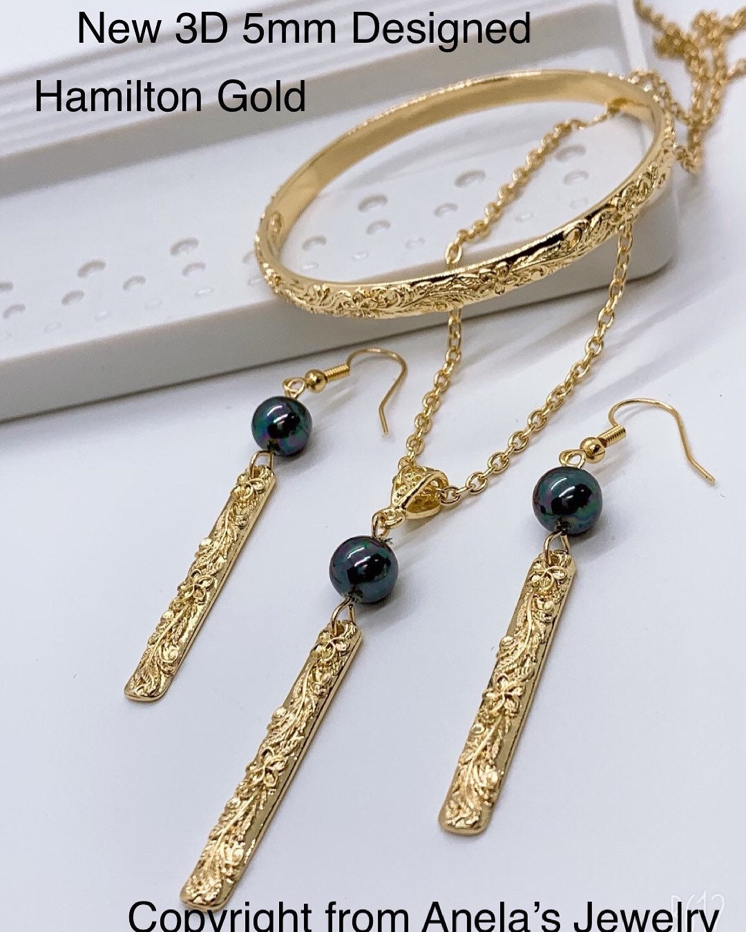 Hawaiian Plumeria Flower 3D Hamilton Gold Set Bracelet (5mm), Bar Earrings, Necklace Set