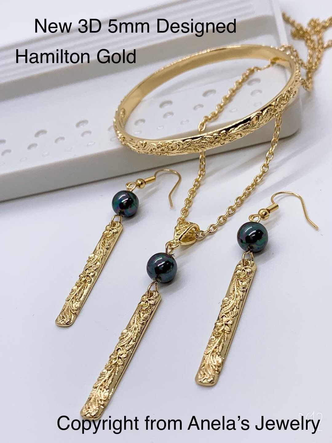 Hawaiian Plumeria Flower 3D Hamilton Gold Set Bracelet (5mm), Bar Earrings, Necklace Set