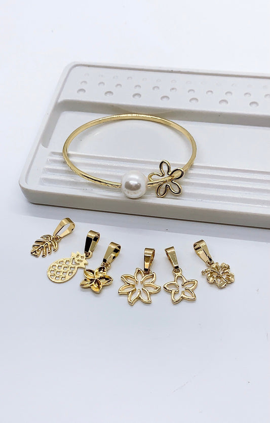 Straight Bangle with Flower Charm and White Shell Pearl Add on Charm Plumeria Pineapple Tiare Monstera Leaf Hibiscus