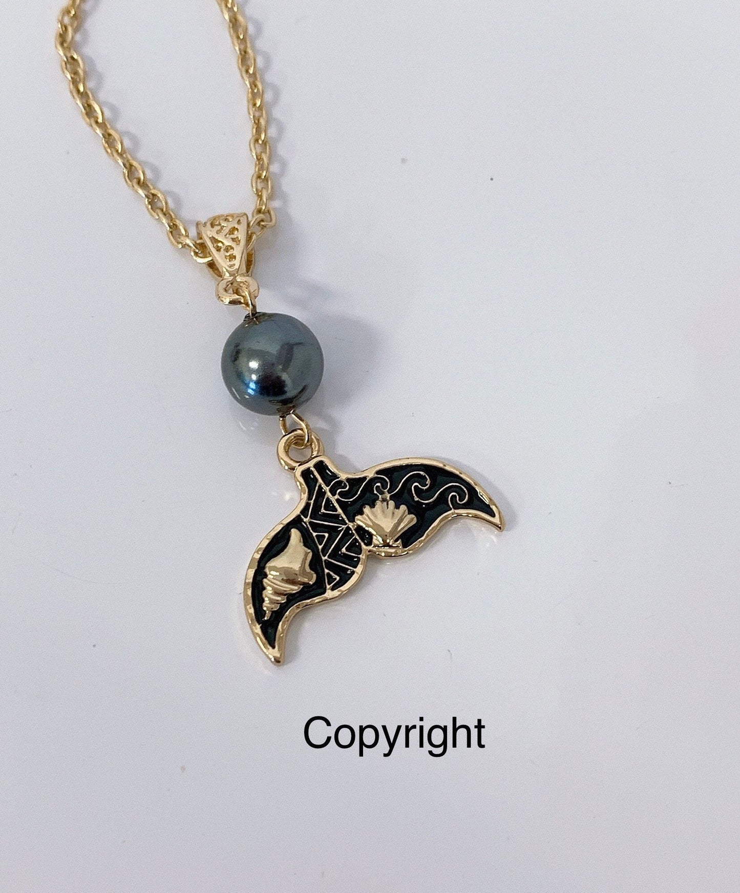 Hawaiian Whale tail with Tribal  : Hamilton Gold Necklace with Shell Pearls