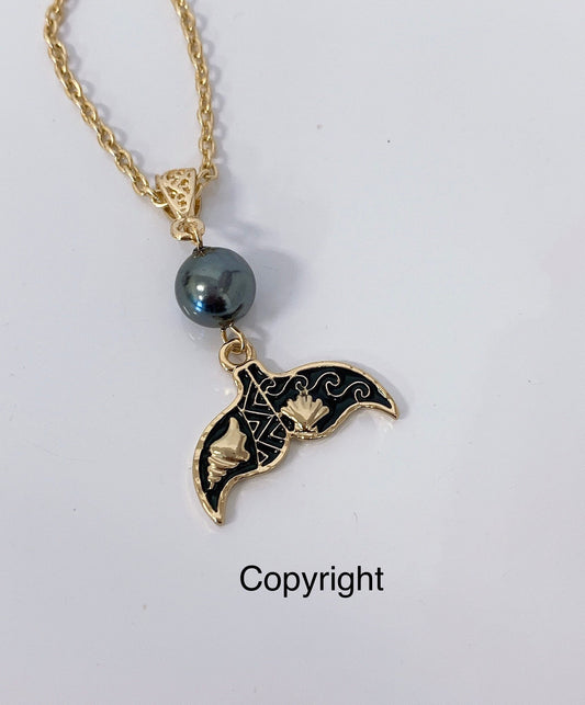 Hawaiian Whale tail with Tribal  : Hamilton Gold Necklace with Shell Pearls
