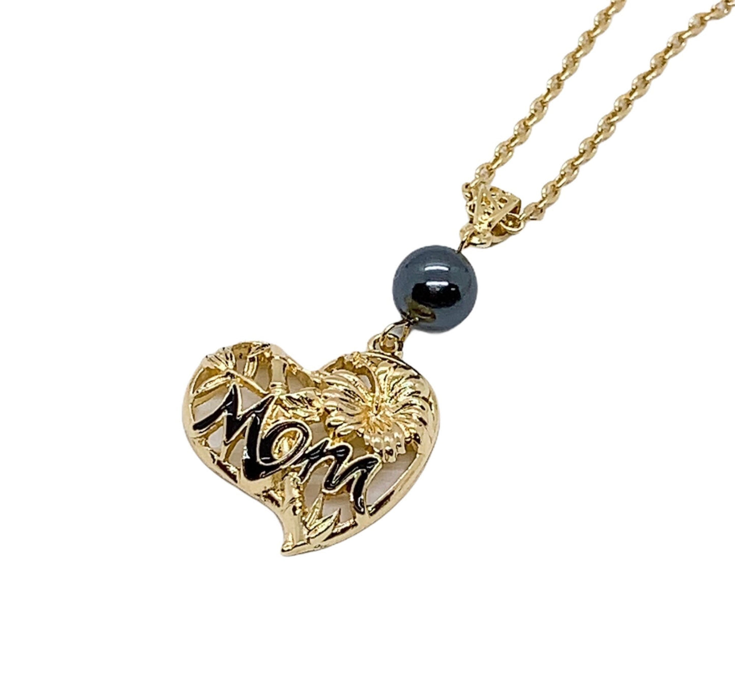 Mom Heart with Hibiscus Flower and Bamboo : Hamilton Gold Necklace with Shell Pearl